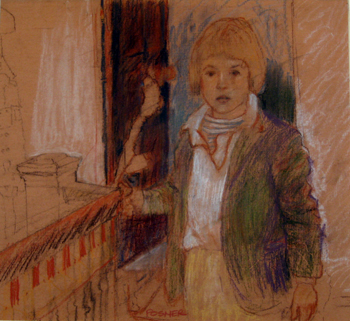   Description:  Boy next to bannister   Medium:  Pastel on paper   Dimensions:  H: 11.5 in W: 12.5 in 