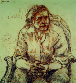   Description:  Seated man with hands clasped   Medium:  Pastel and sepia pencil on paper   Dimensions:   H: 13 in W: 11.5 in 