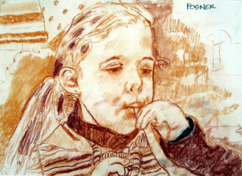   Description:  Child sucking on straw    Medium:  Pastel and sepia pencil on paper    Dimensions:  H: 10 in W: 14 in 