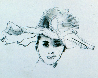   Description:  Classic woman in hat   Medium:  Ink on paper   Dimensions:   H: 5 in W: 6 in 