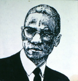   Description:  Malcolm X   Medium:  Ink on paper   Dimensions:   H: 5 in W: 5 in 