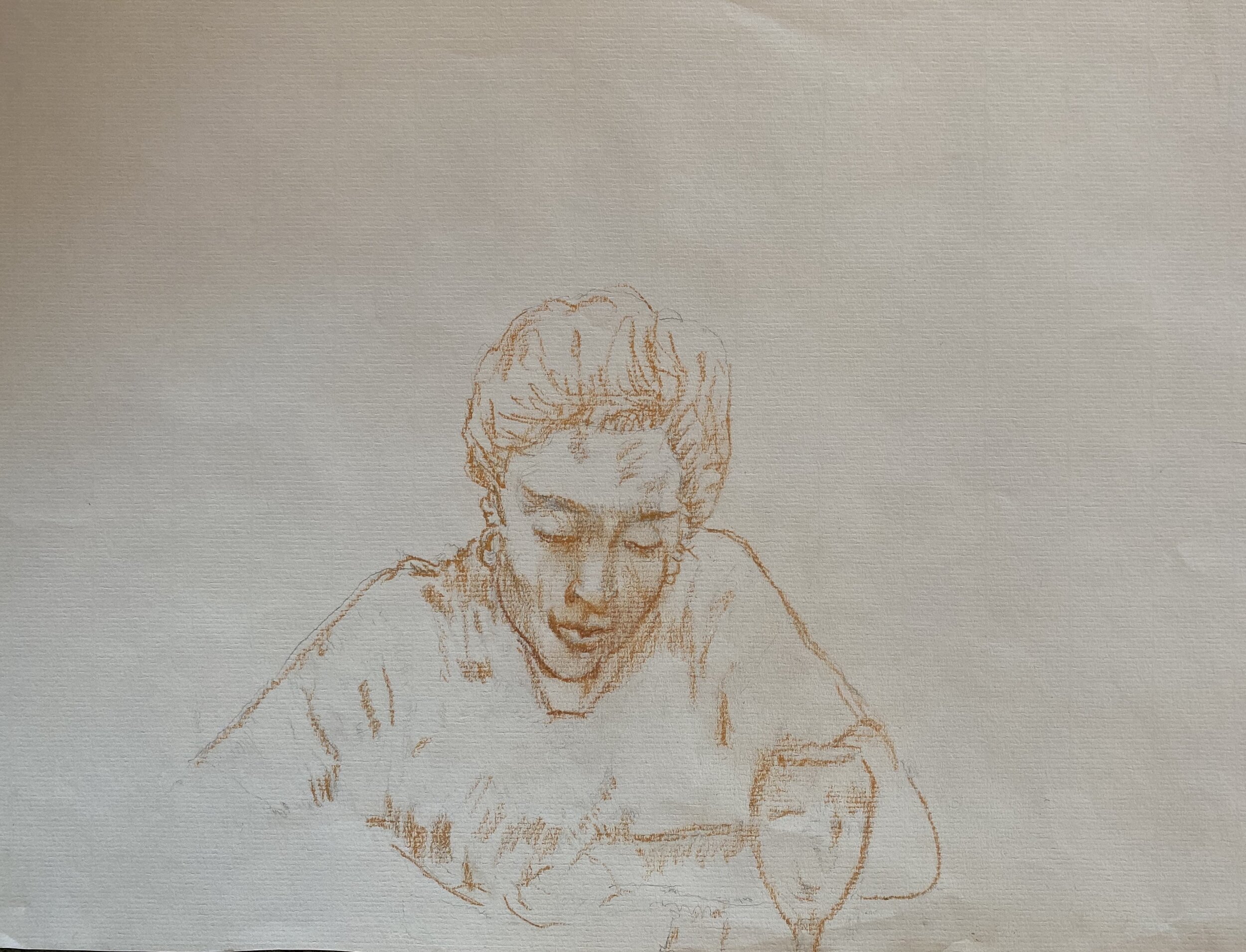   Description:  Woman having a meal   Medium:  Pastel pencil on paper   Dimensions:    H: 12 in W: 18 in 