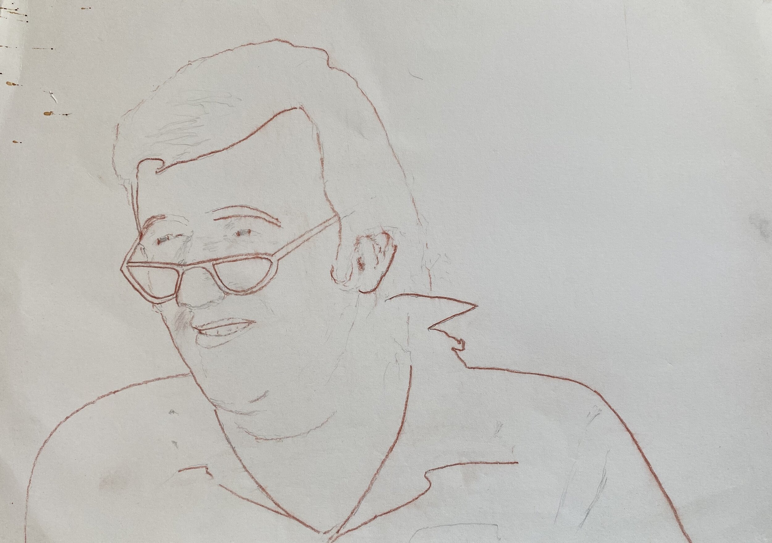   Description:  Man in glasses (unfinished)   Medium:  Pastel and pencil on paper   Dimensions:   H: 12 in W: 18 in 