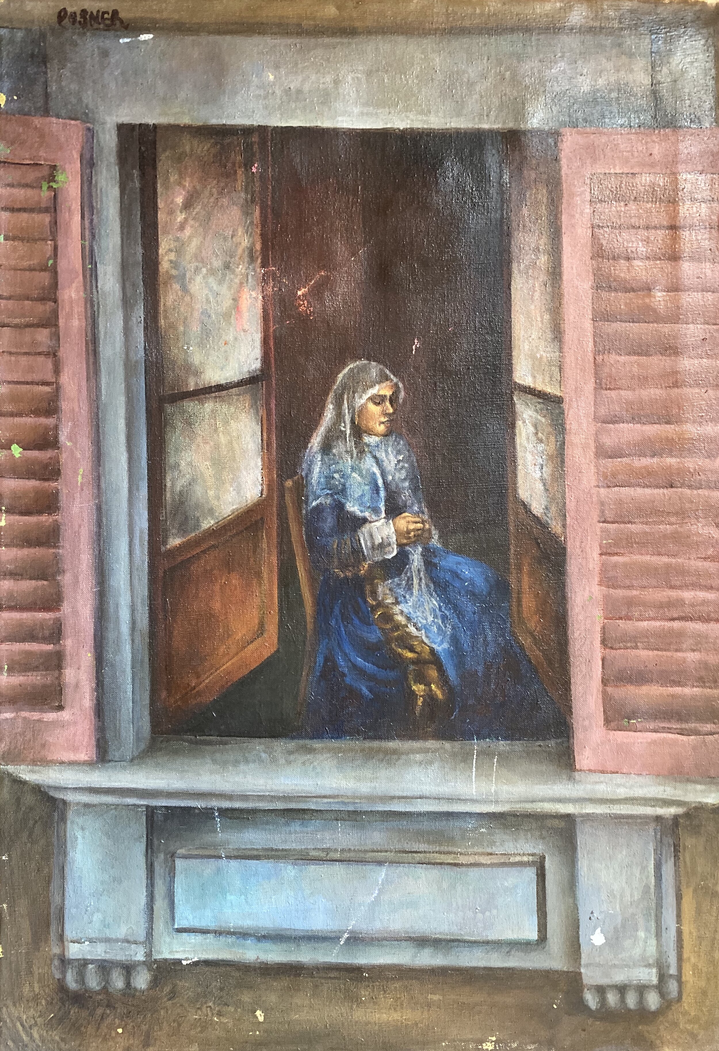   Description:  Woman with veil in window   Medium:  Oil on canvas   Dimensions:  H: 37.25 in  W: 28 in 