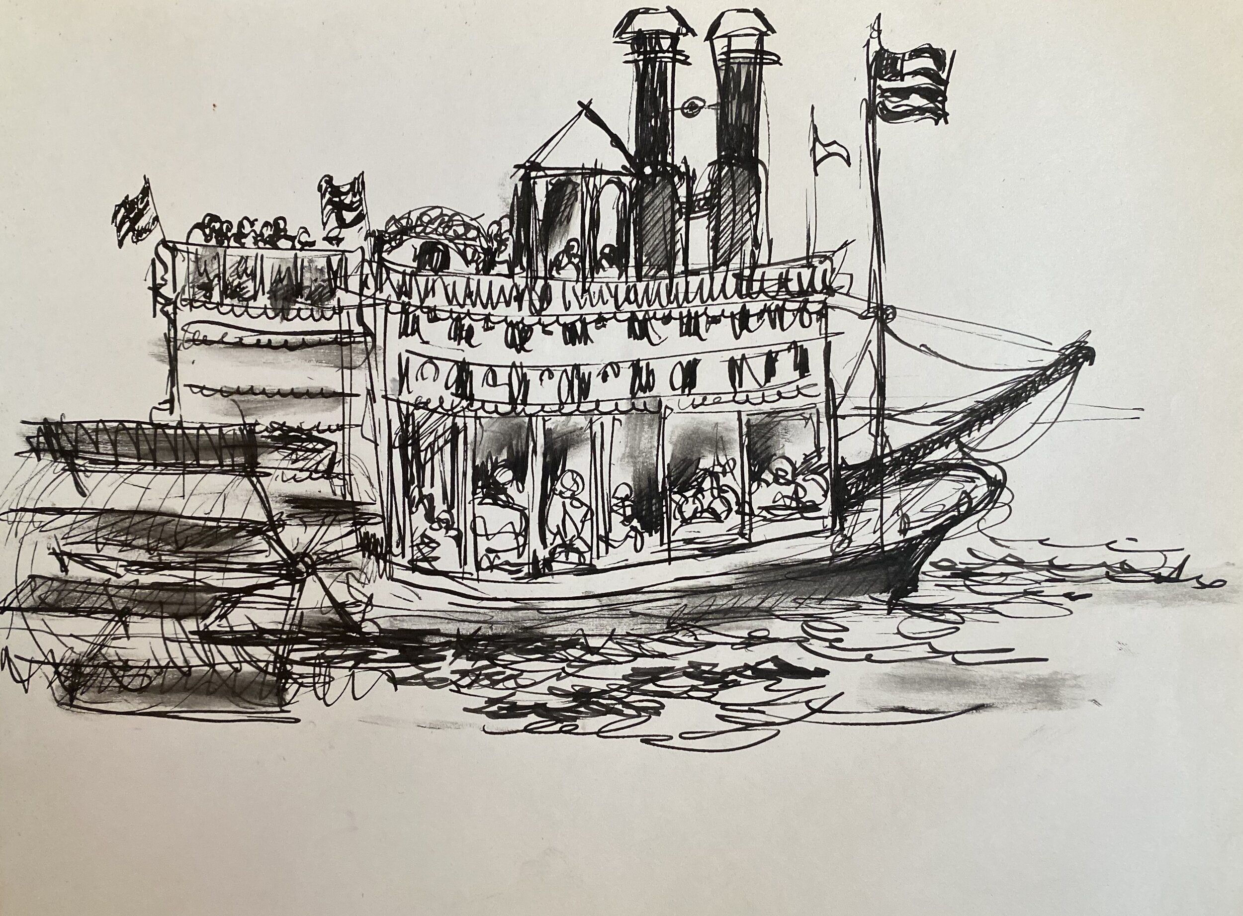   Description:  Steamboat   Medium:  Ink on paper   Dimensions:   H: 8 in W: 10.5 in 