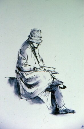   Description:  Somber sitting man   Medium:  Ink on paper   Dimensions:   H: 8 in W: 10.5 in 