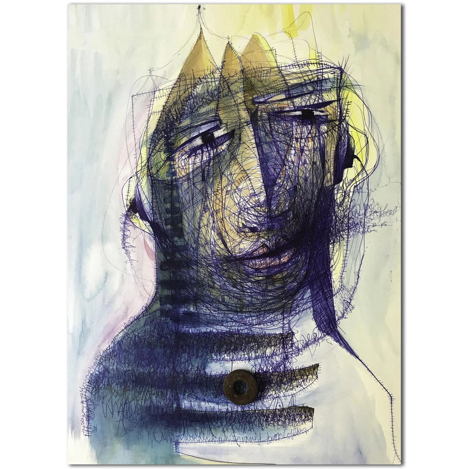 Unplugged Ballpoint pen, watercolor and discarded object on paper. 12 x 18 in.