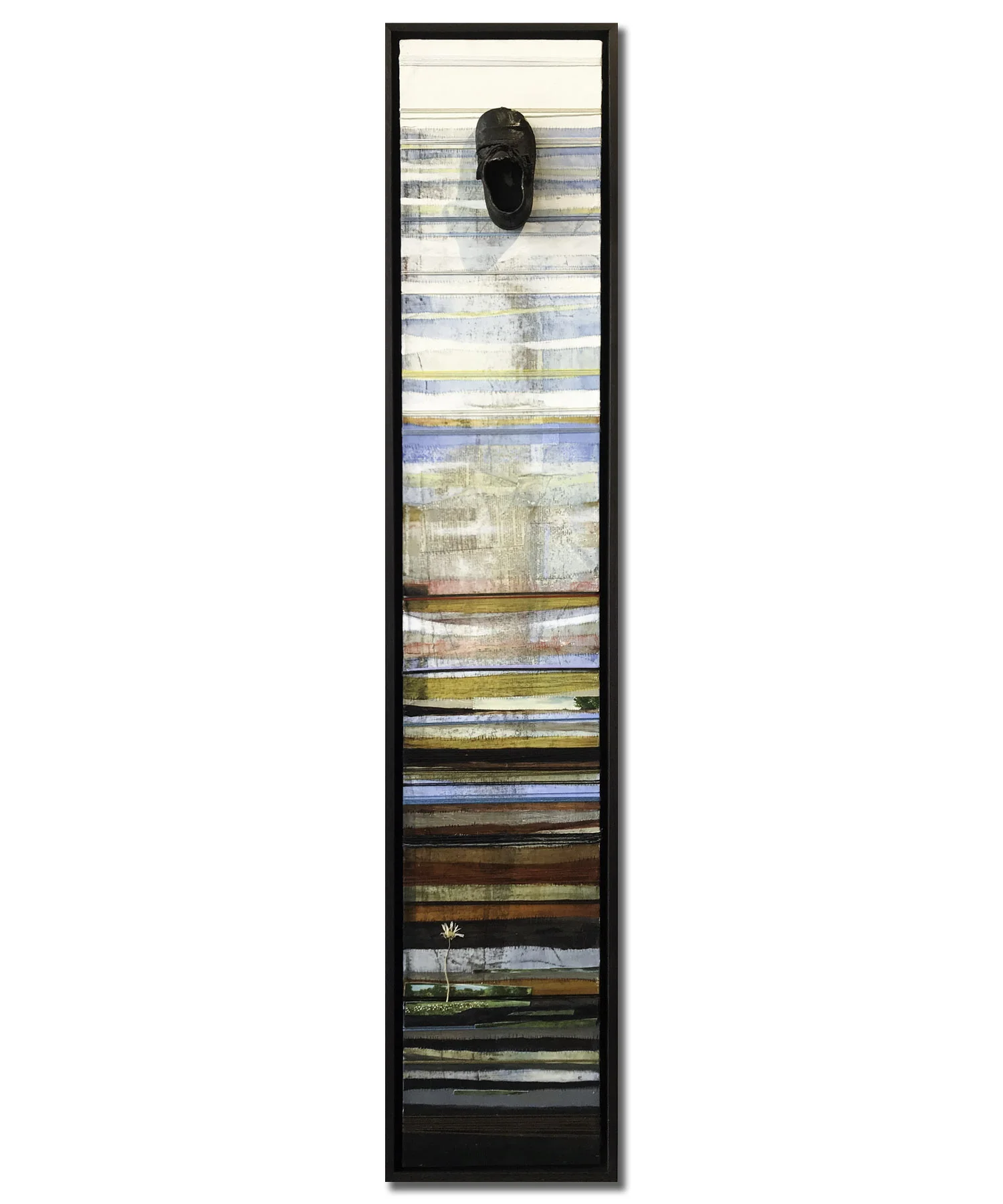 The Child Remains Mixed media with thread, discarded objects and oil on canvas. 12 x 49 in.