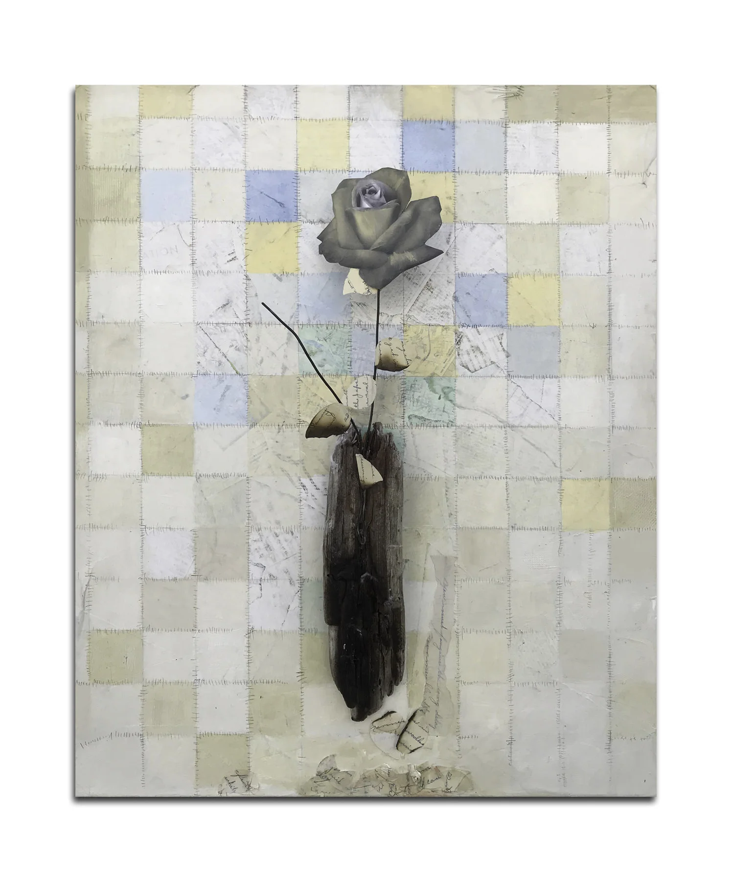 Love Blossom Mixed media with discarded objects, wood and paper on canvas. 16 x 20 in.