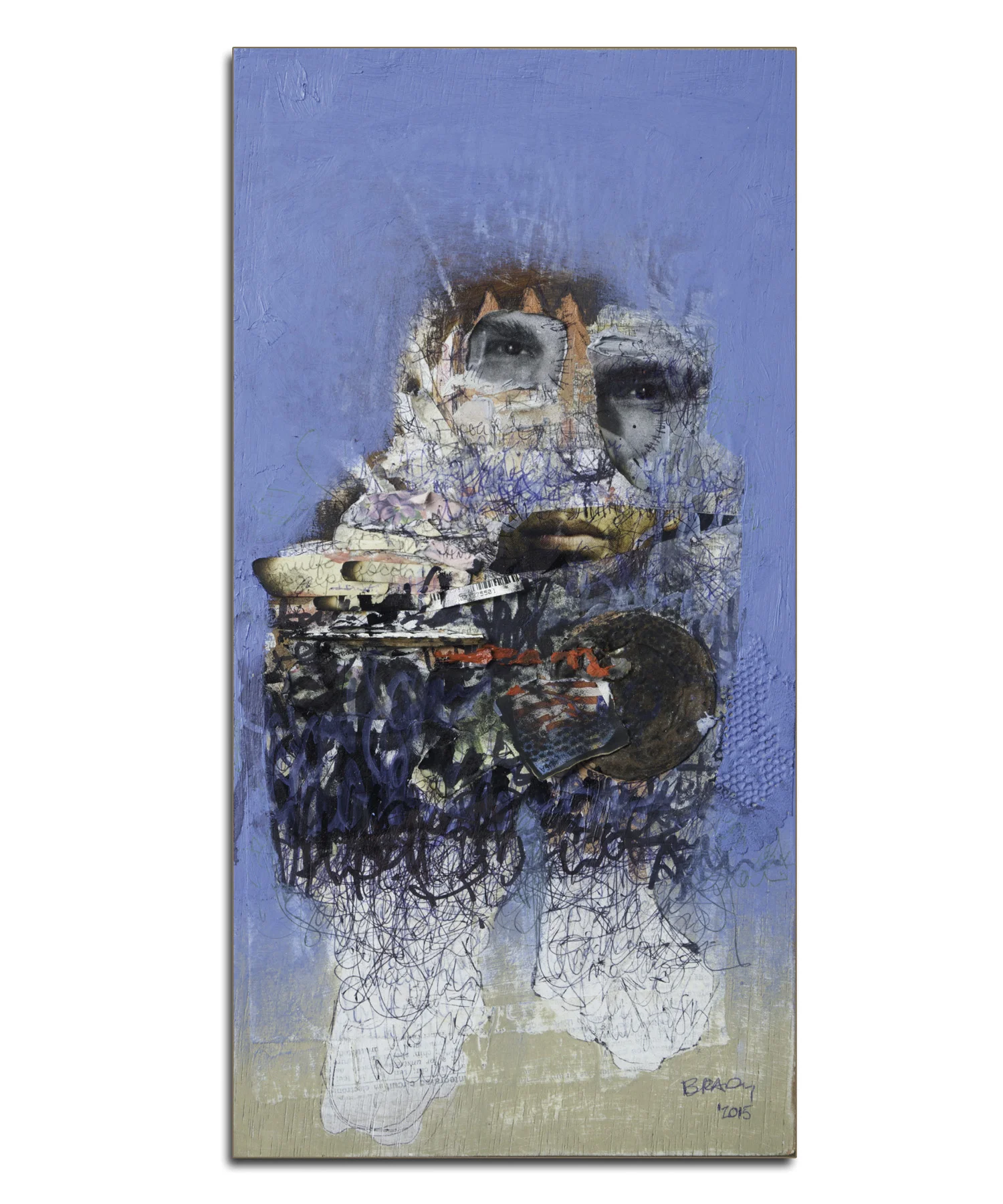Memory Collector Mixed media collage with discarded objects with oil on wood. 6 x 12 in.