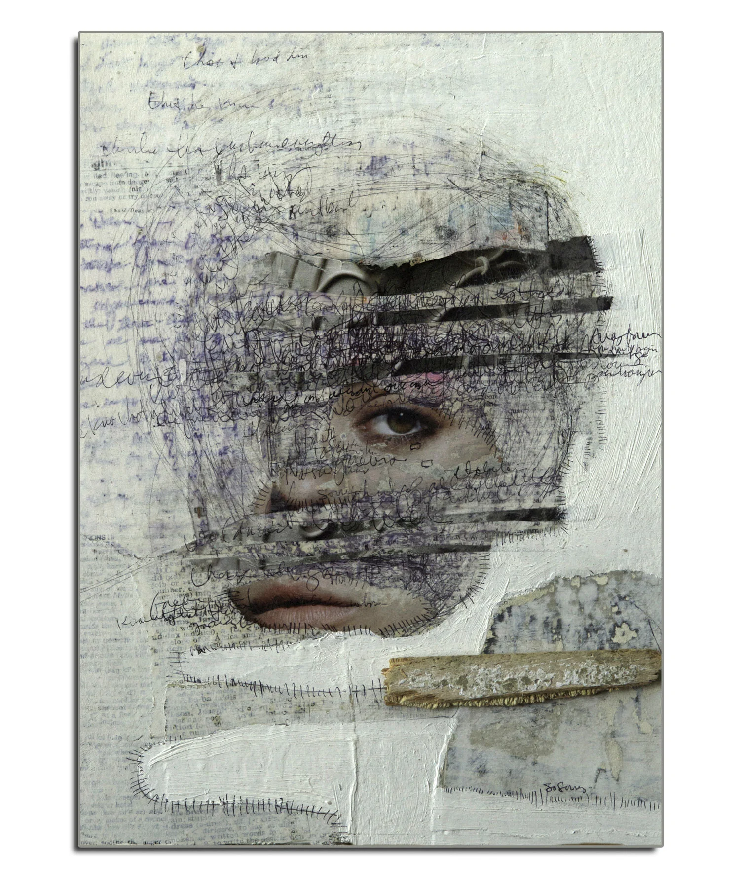 The Mind Mask Collage with discarded object, ballpoint pen and oil on board. 9 x 12 in.
