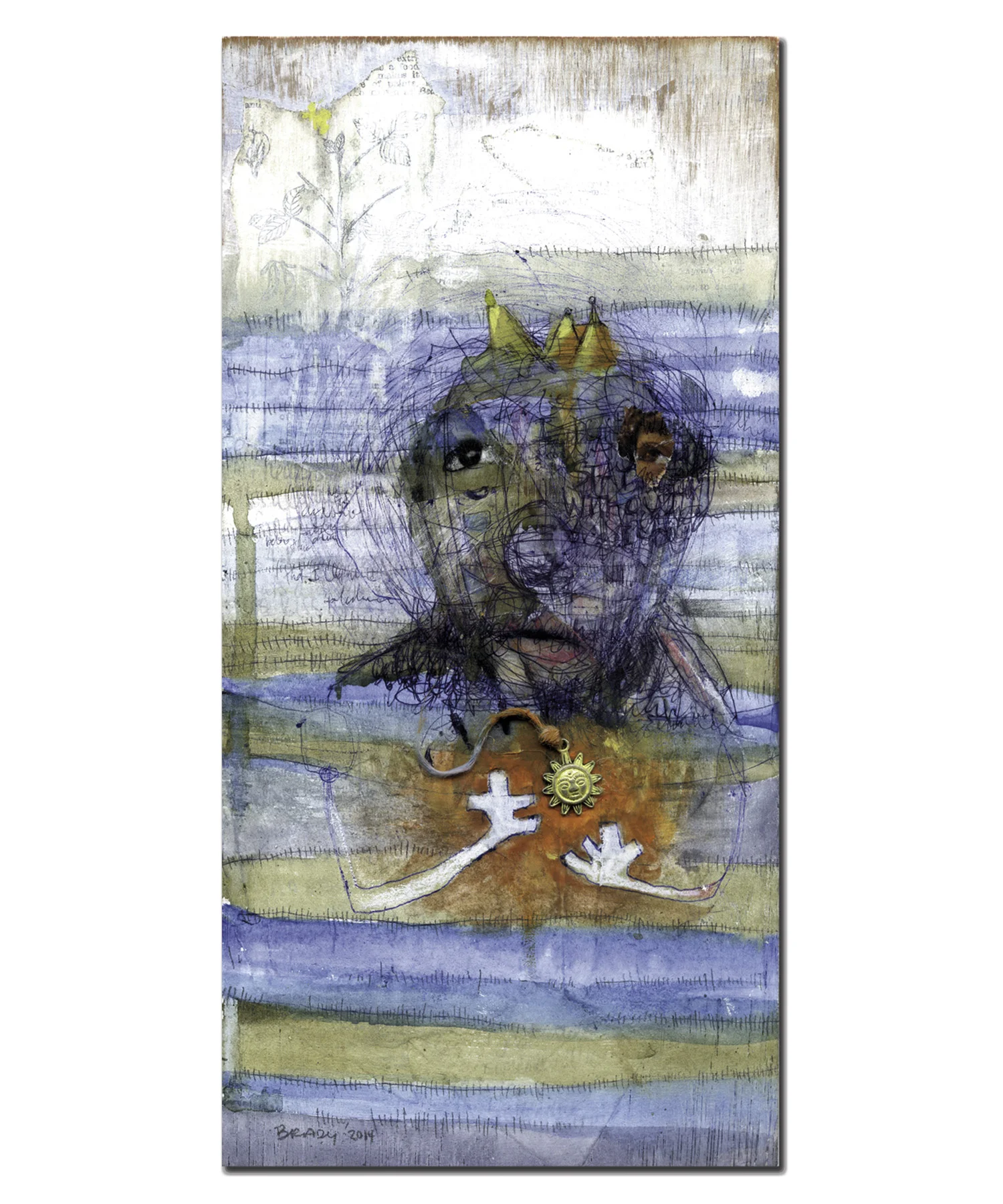 The Gift Mixed media with discarded object, ballpoint pen and oil on wood. 6 x 12 in.