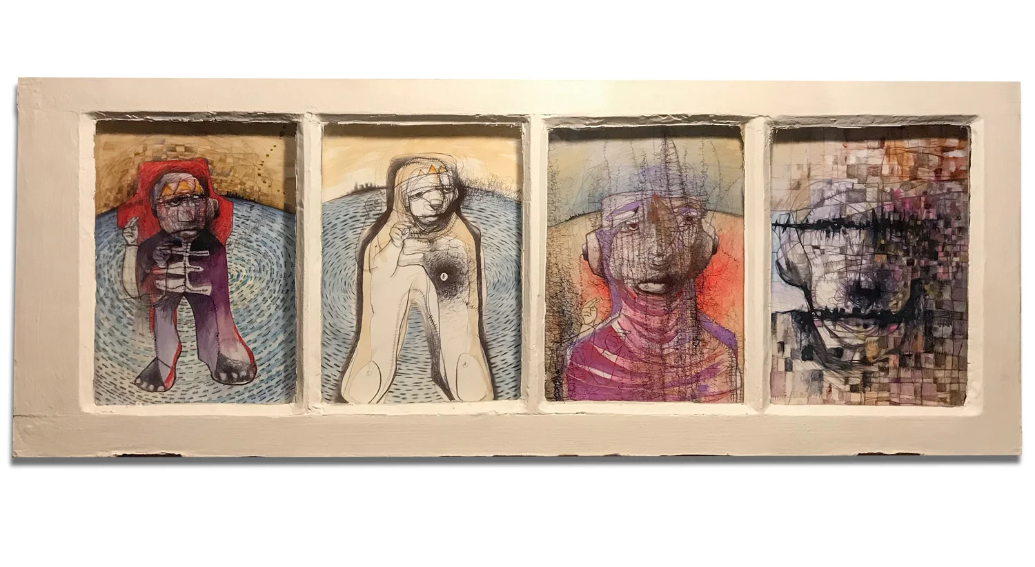 The Things I know Four works on paper each including mixed media collage with ballpoint pen and watercolor. Mounted on wood in glass window.