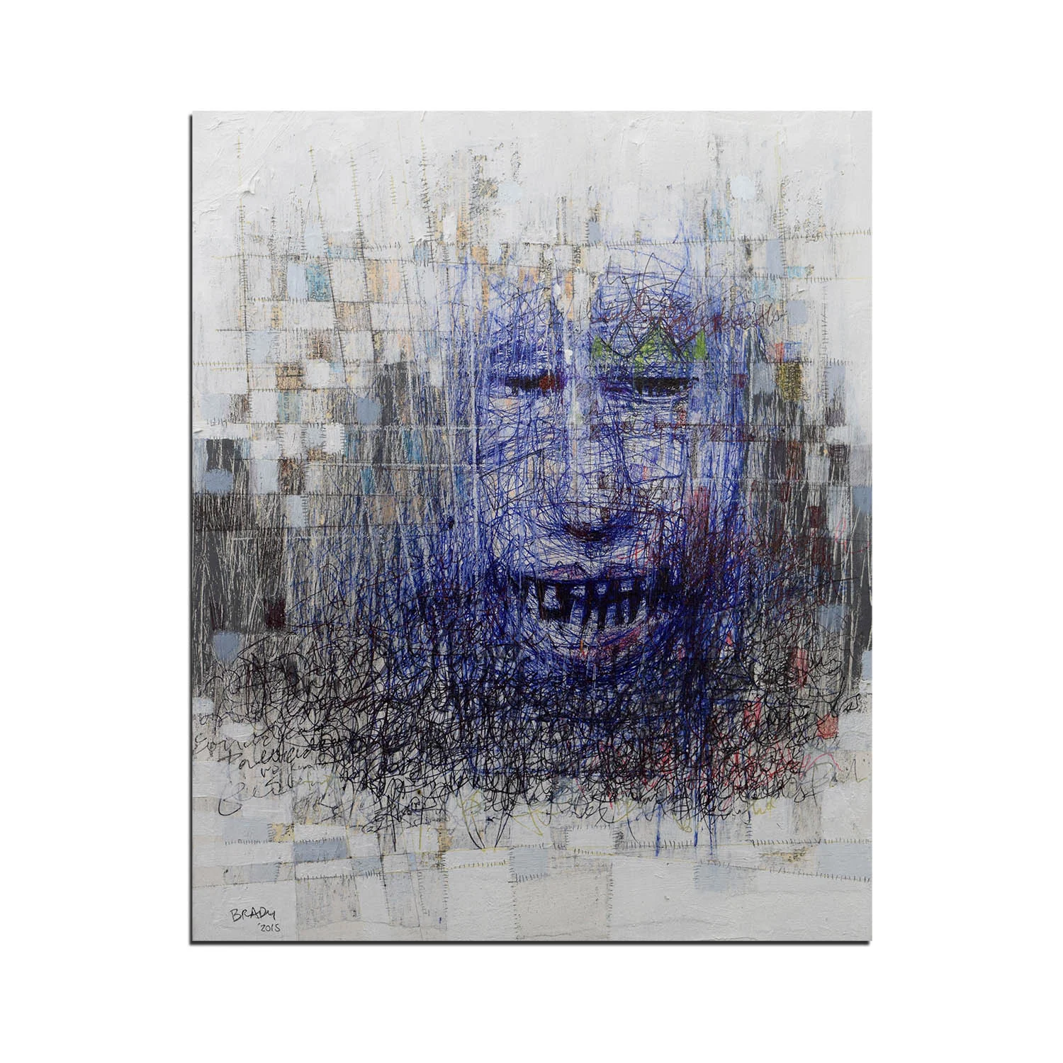 Communication Breakdown Mixed media with discarded papers, ballpoint pen and oil on board. 10 x 10 in.