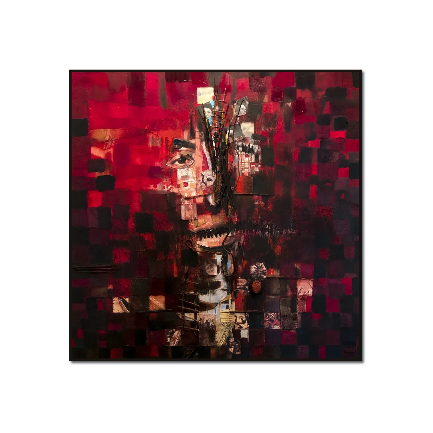 The Escape Mixed media with discarded objects, papers, oil and wood on canvas. 20 x 20 in.