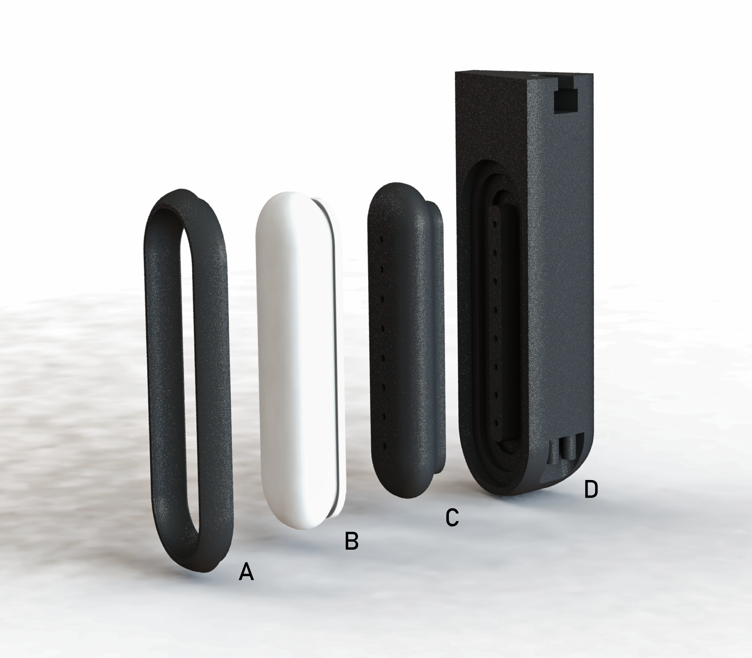 Exploded view rendering of one side of the inflatable chambers. A. The ring fits over the silicone bladder. B. The bladder fits over a boss. C The boss serves to maintain the bladder shape air is delivered through holes to inflate the bladder. D. Th…