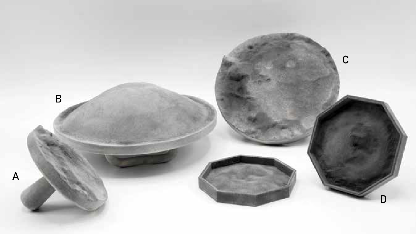 Molds and stamps for tiles and bowls:A. Small Gusev crater bowl stampB. Linne crater bowl stampC. Large Gusev crater bowl stampD. Gale crater tile molds