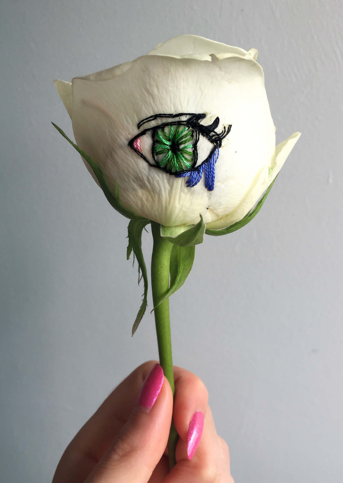 embroidered "crying eye" real rose, 2017