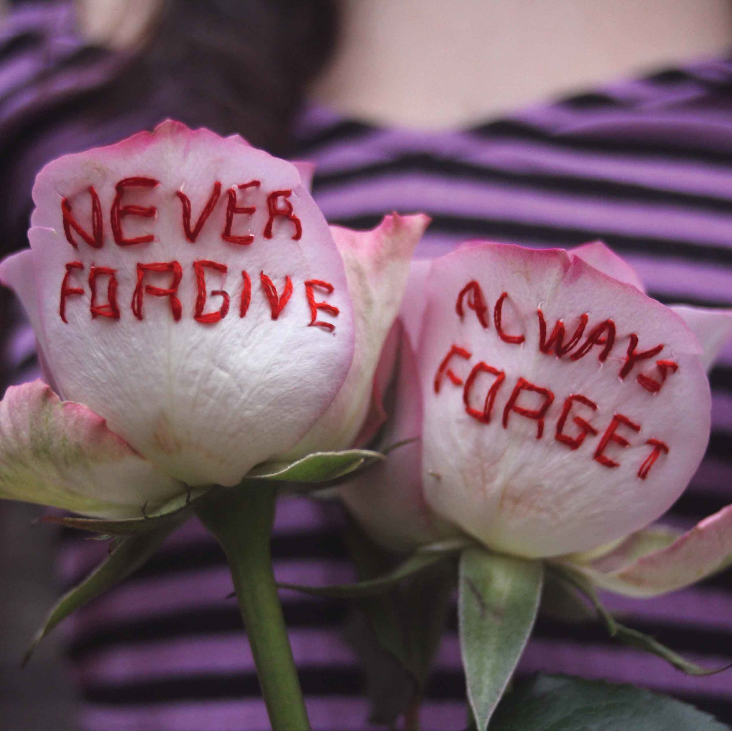 embroidered "never forgive, always forget" real roses, 2018, Sophie King
