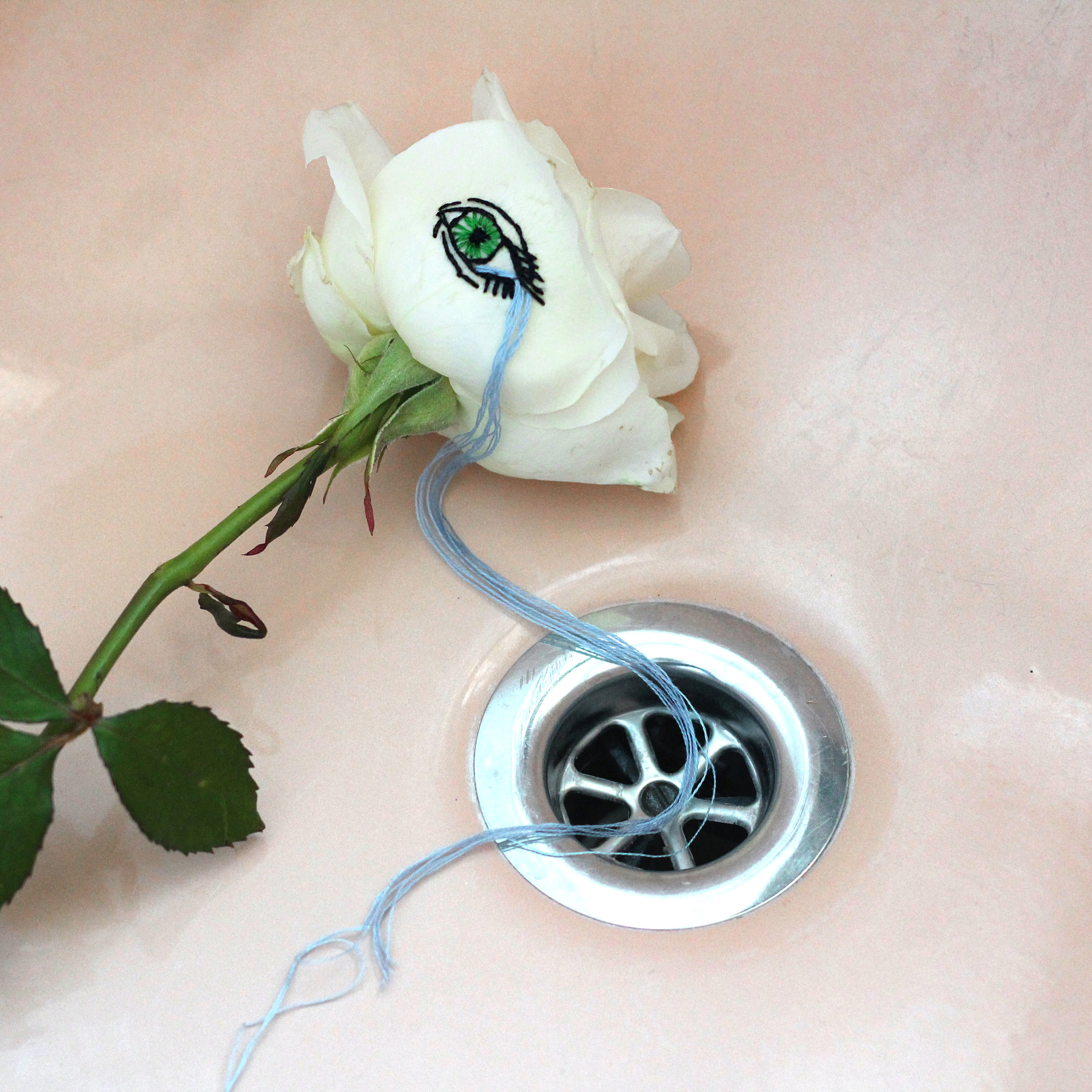 embroidered "crying eye" real rose in bath, 2019