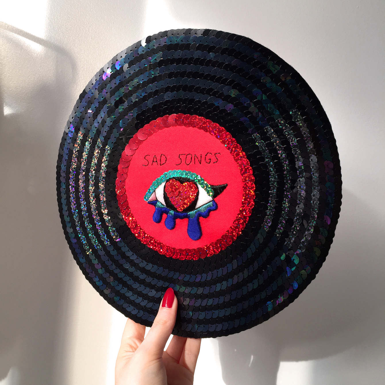 embroidered sequin "sad songs" vinyl, 2016, Sophie King