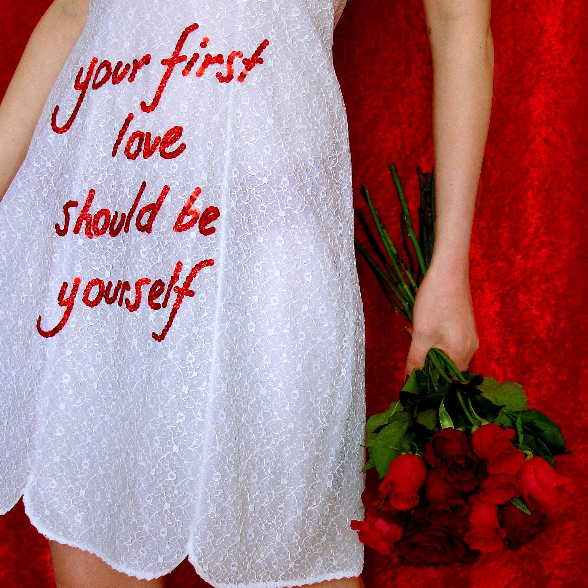 embroidered "your first love should be yourself" wedding dress, 2015, Sophie King