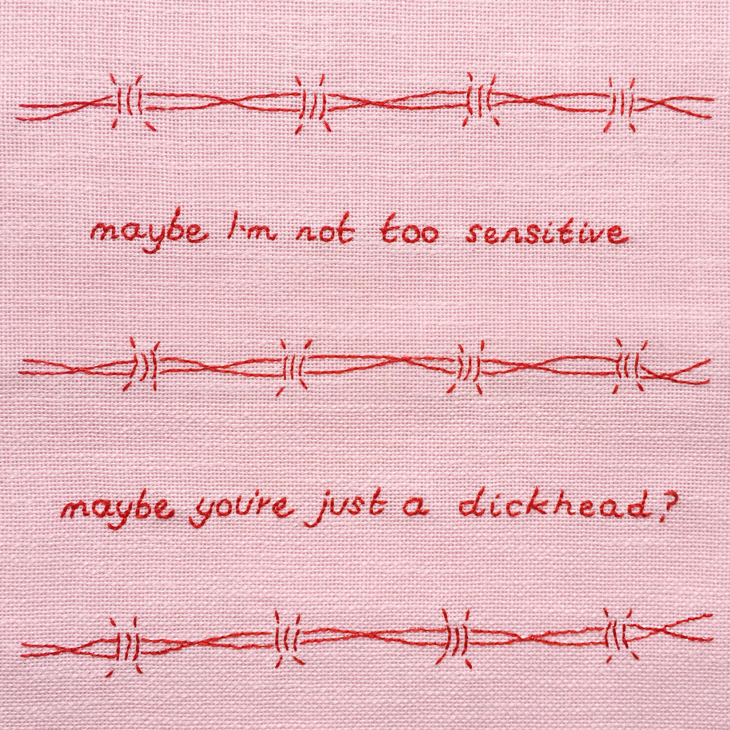 embroidered "maybe I'm not too sensitive, maybe you're just a dickhead?" satin on hoop, 2017, Sophie King