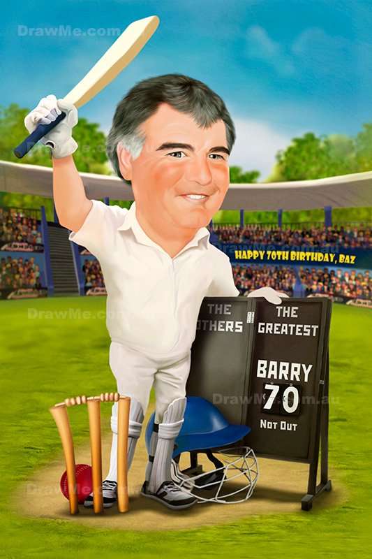 Cricket-Themed 70th Birthday Caricature