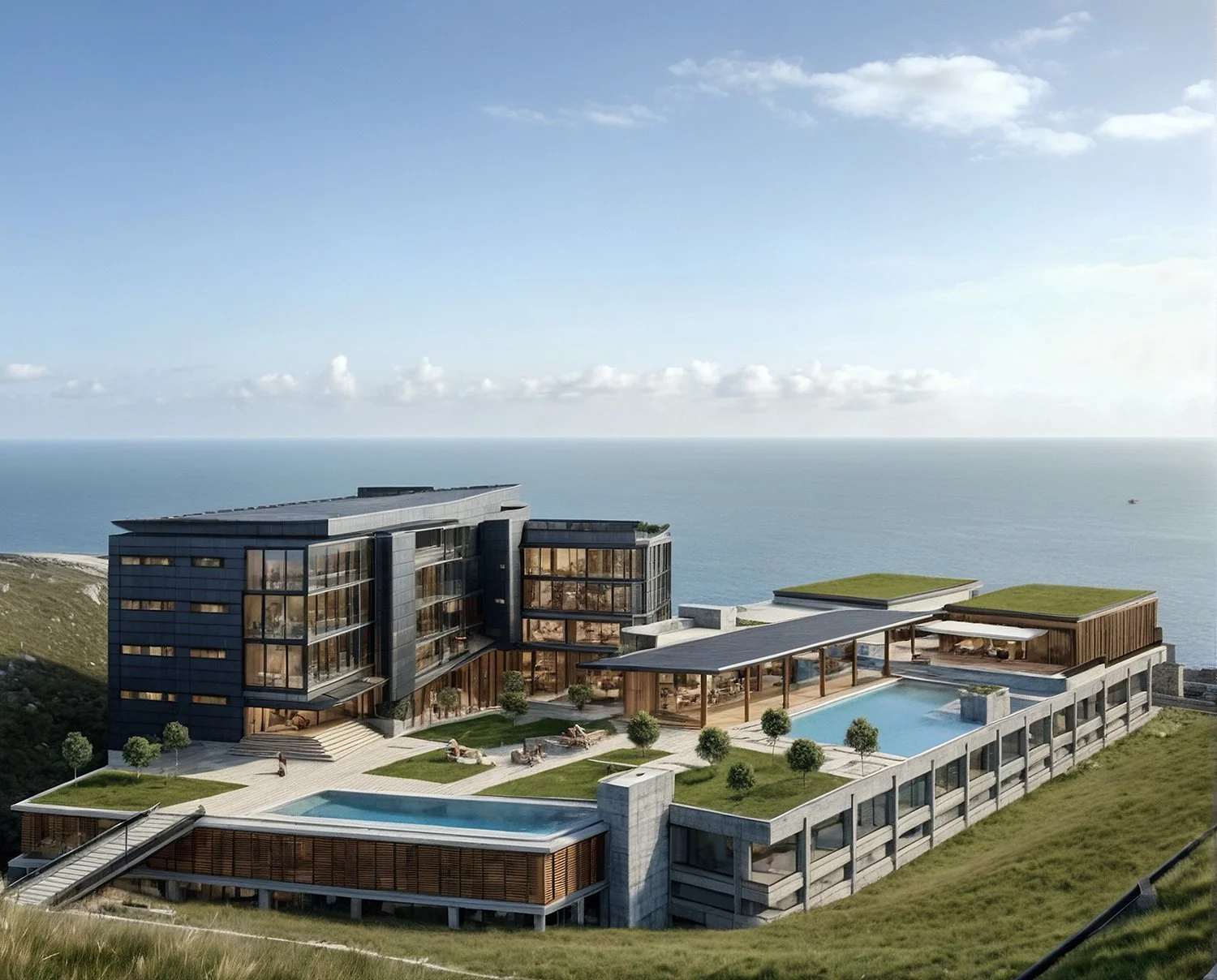 render of cenic oceanfront resort, showcasing beautiful coastal views and elegant architecture amidst nature