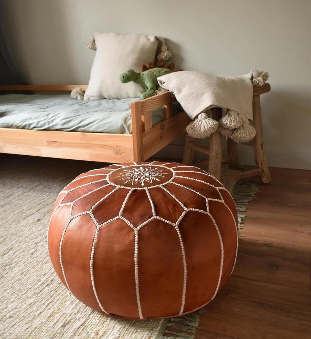 Pouf Marocain En Cuir Marron – Fait Main 53cm – Déco Intérieur
