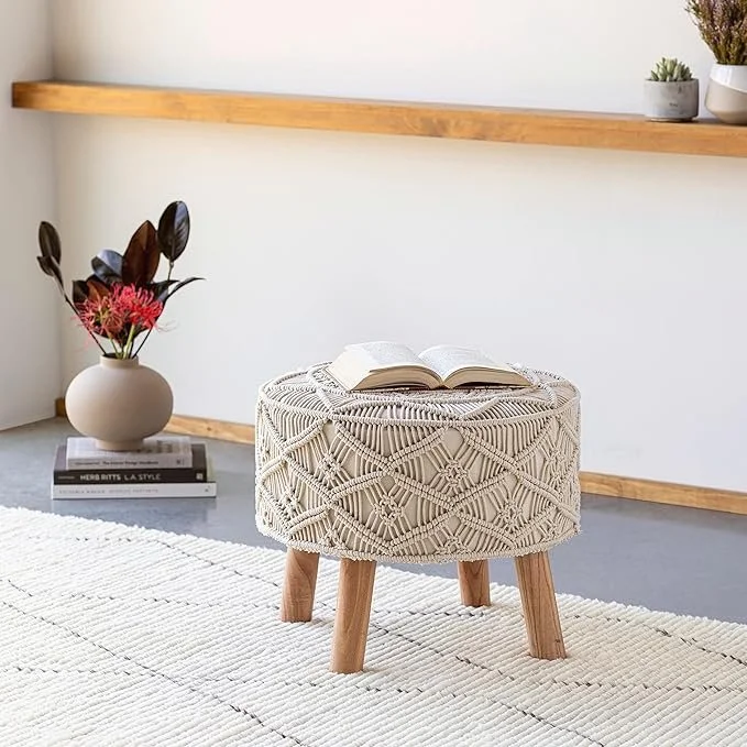 Hand Crafted Boho Ottoman with Geometric Macrame Transitional Patterns