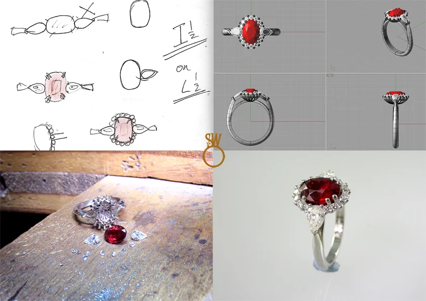 From pencil sketch to finished diamond and ruby cluster ring