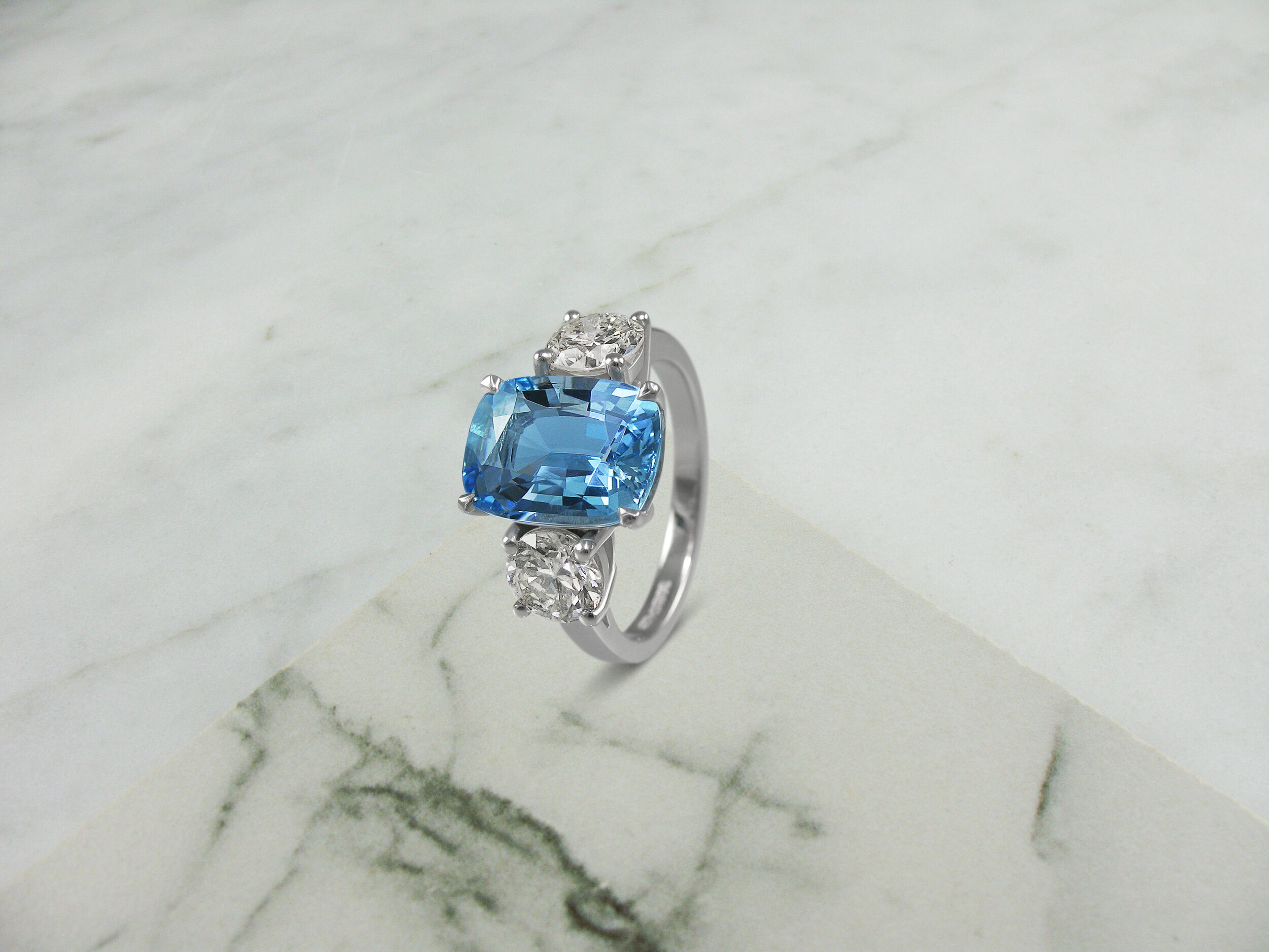 Vintage style aquamarine band diamond engagement ring