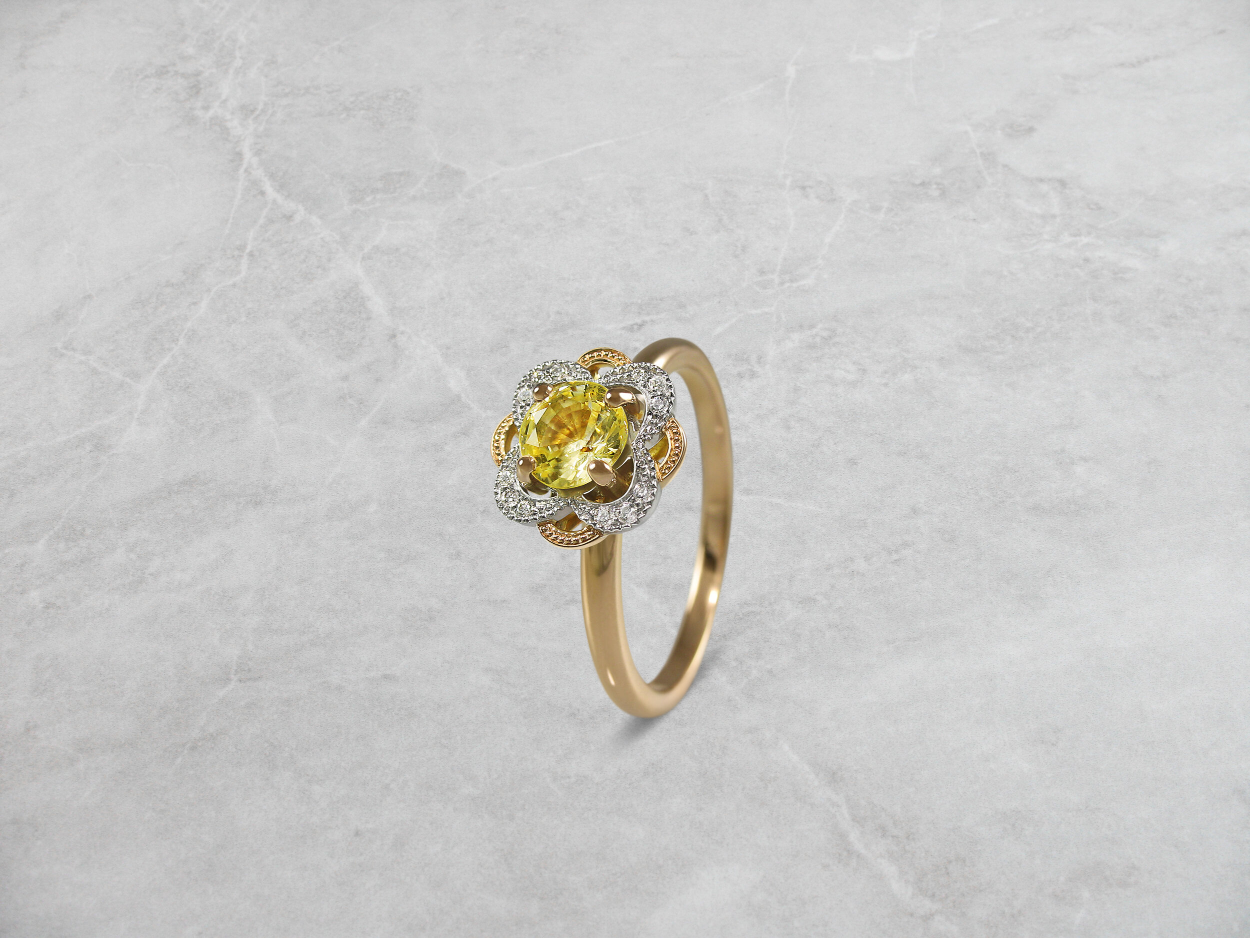 Yellow sapphire floral ring coloured stone section