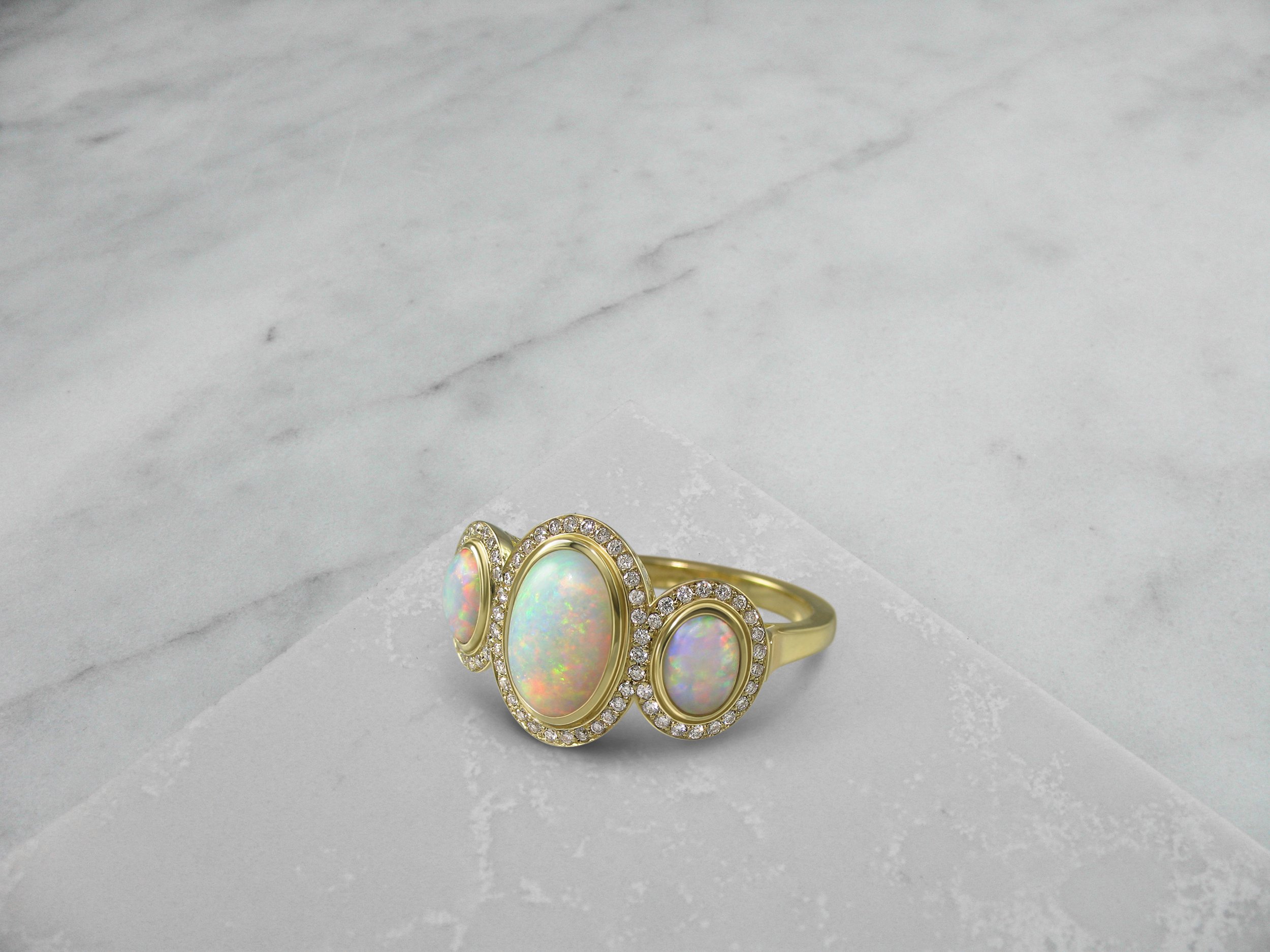 Vintage style opal and diamonds yellow gold ring