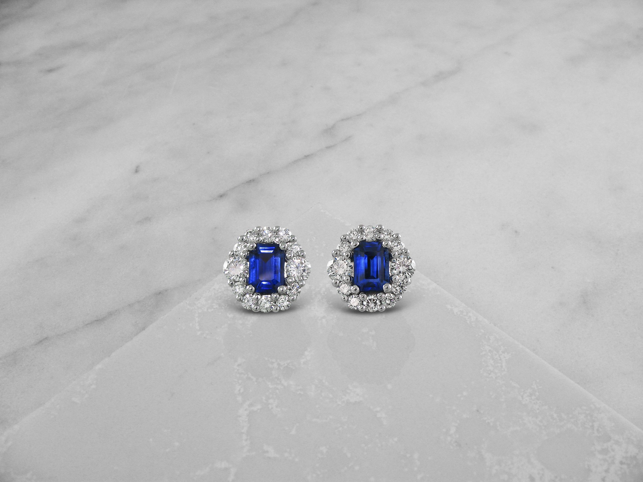 Step cut sapphire cluster stud earrings