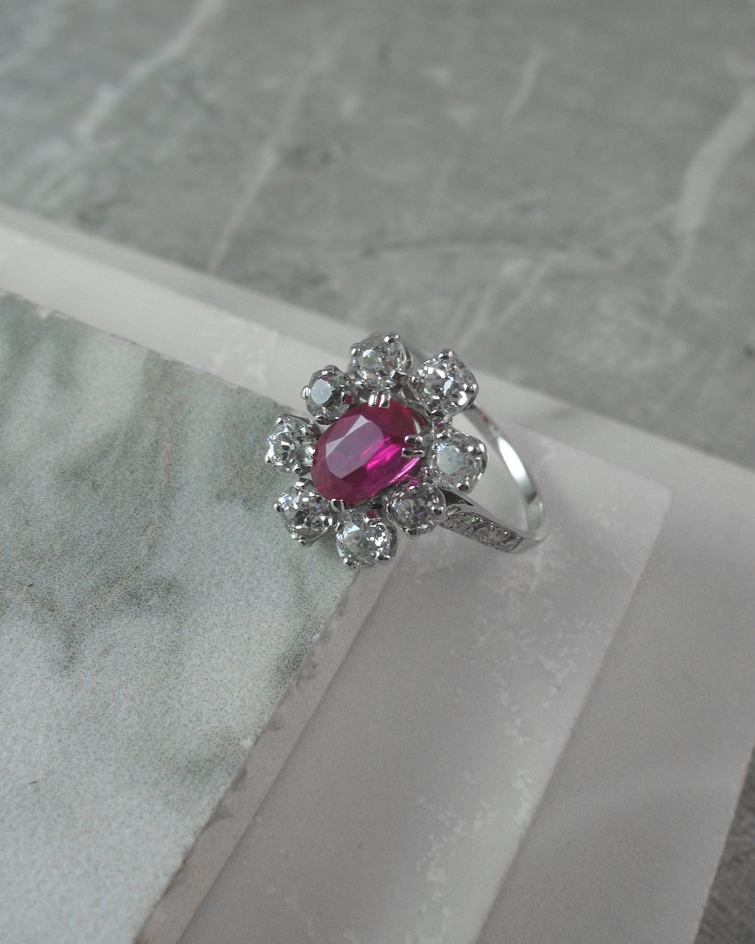 A vintage inspired diamond and French ruby ring