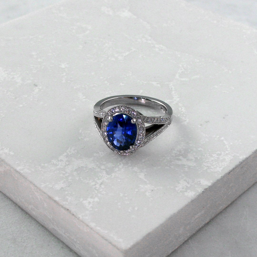 A custom split shank sapphire engagement ring