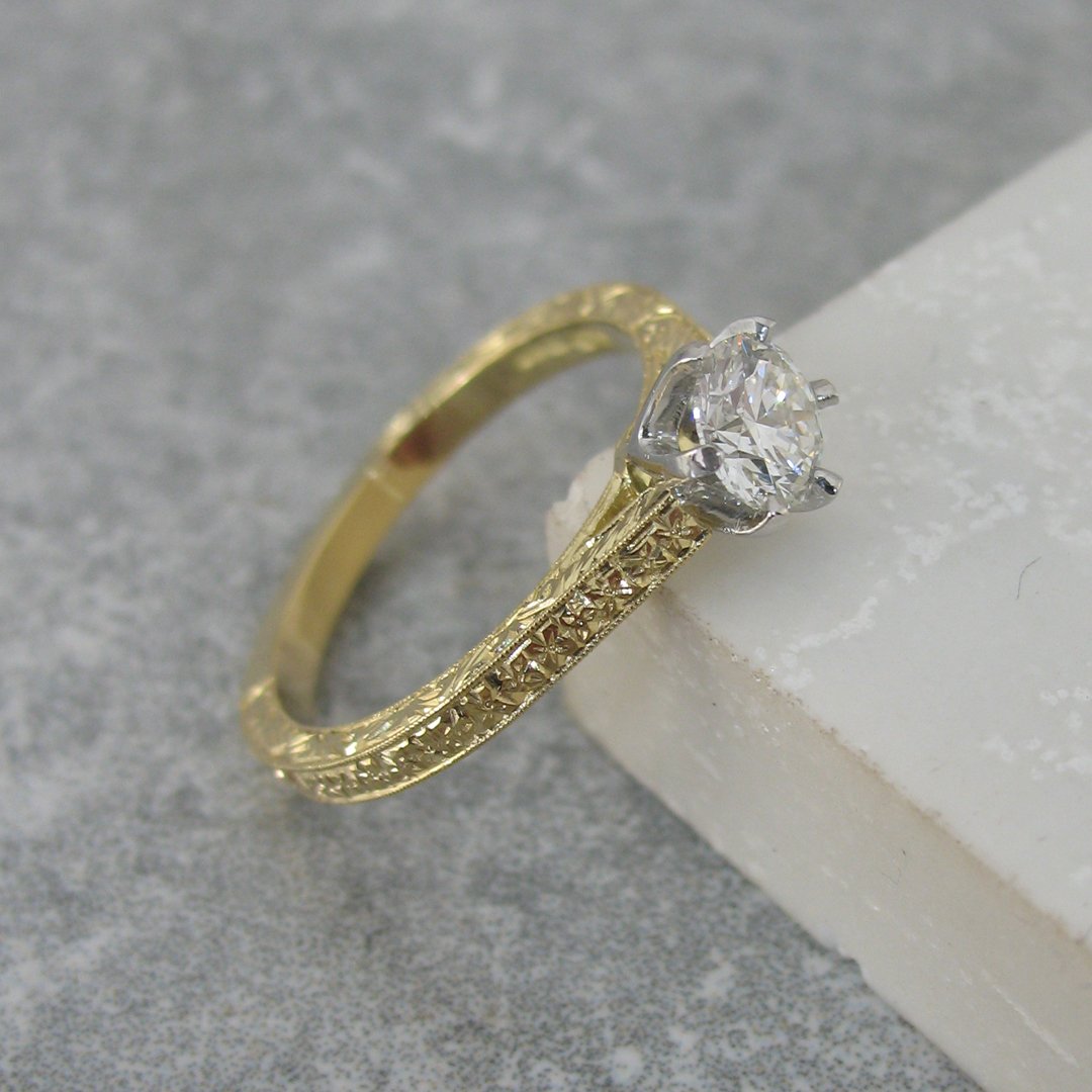 Hand engraved diamond engagement ring