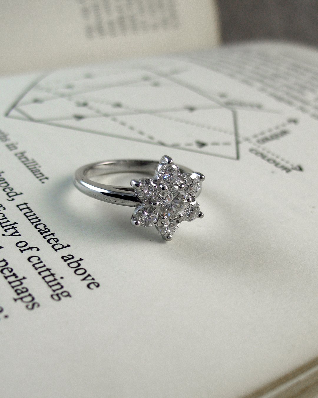 Simple bespoke diamond cluster ring set in platinum.⠀
