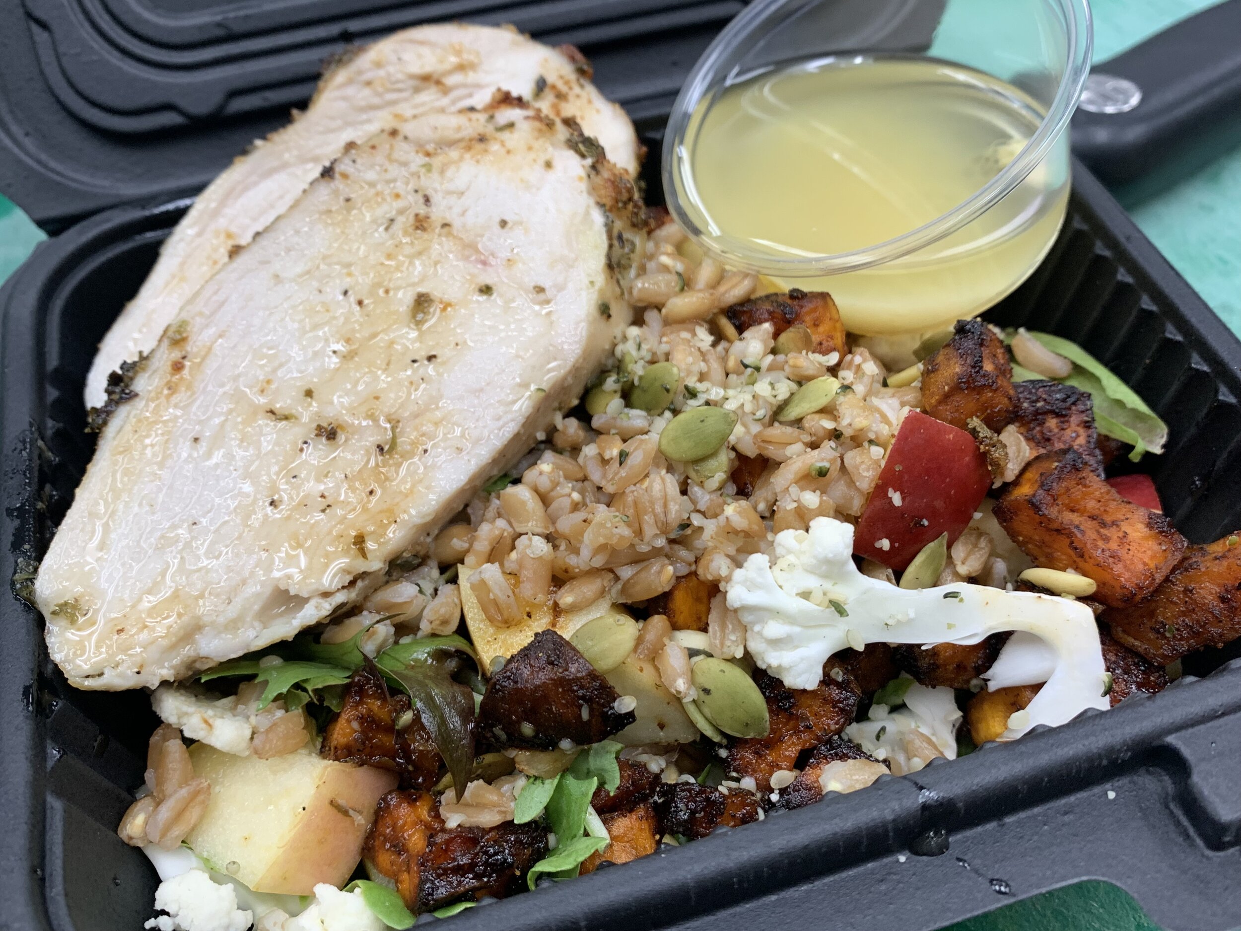 Roasted Sweet Potato and Farro Salad with Herb Roasted Chicken Breast
