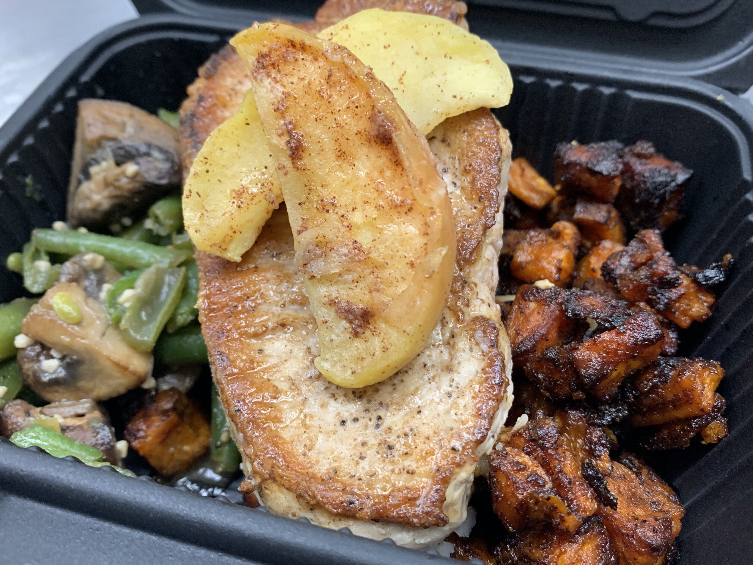 Pork Chop with Baked Apples served with Sweet and Spicy Roasted Sweet Potatoes