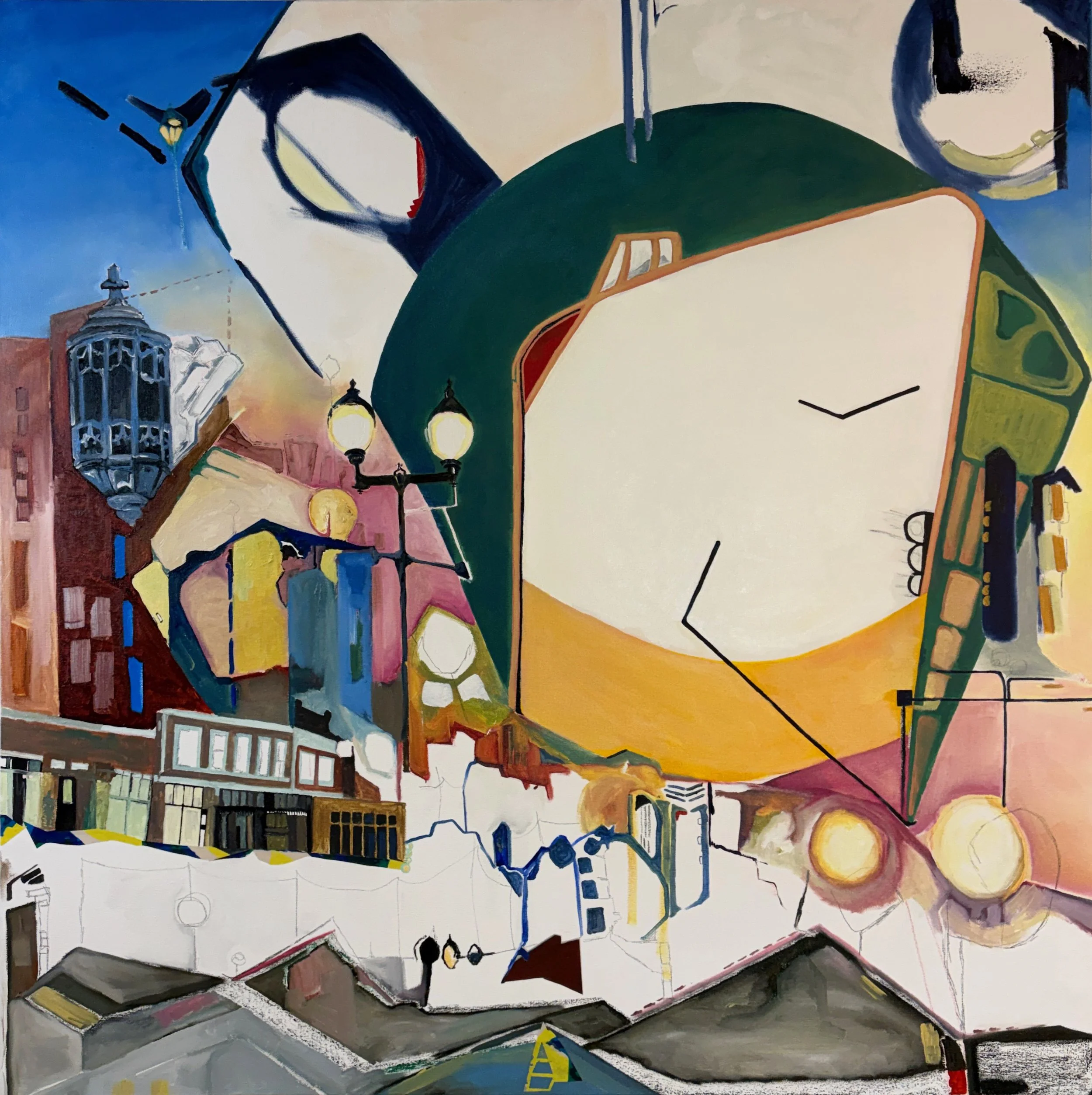 The self remaining in all places, 2026. Oil paint, colored pencil, oil pastel, graphite, ink and collaged paper on canvas. 48" x 48" x 2".
