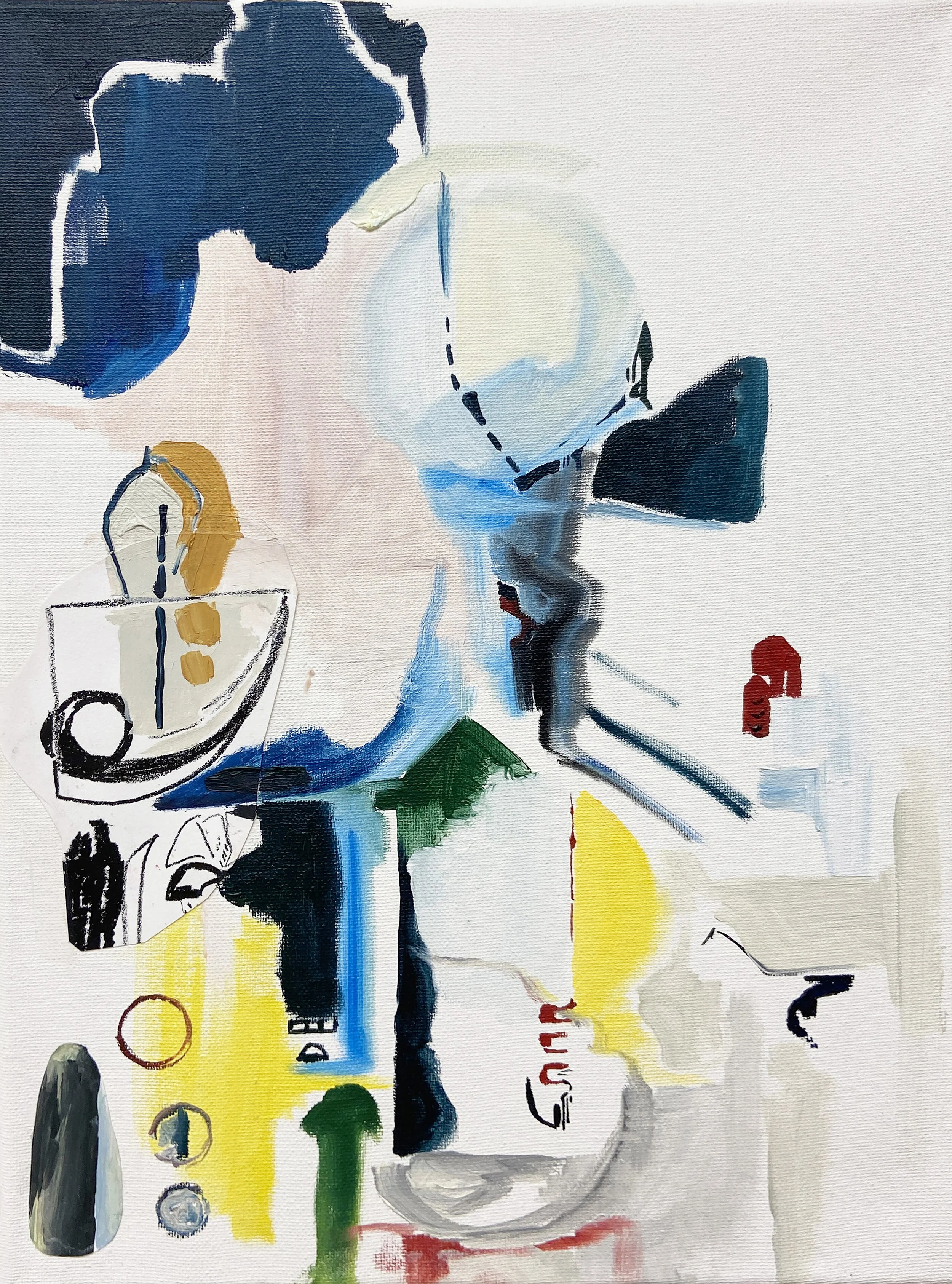 Implication, 2024. Oil, ink, and collaged lithograph on canvas, 16" x 12".