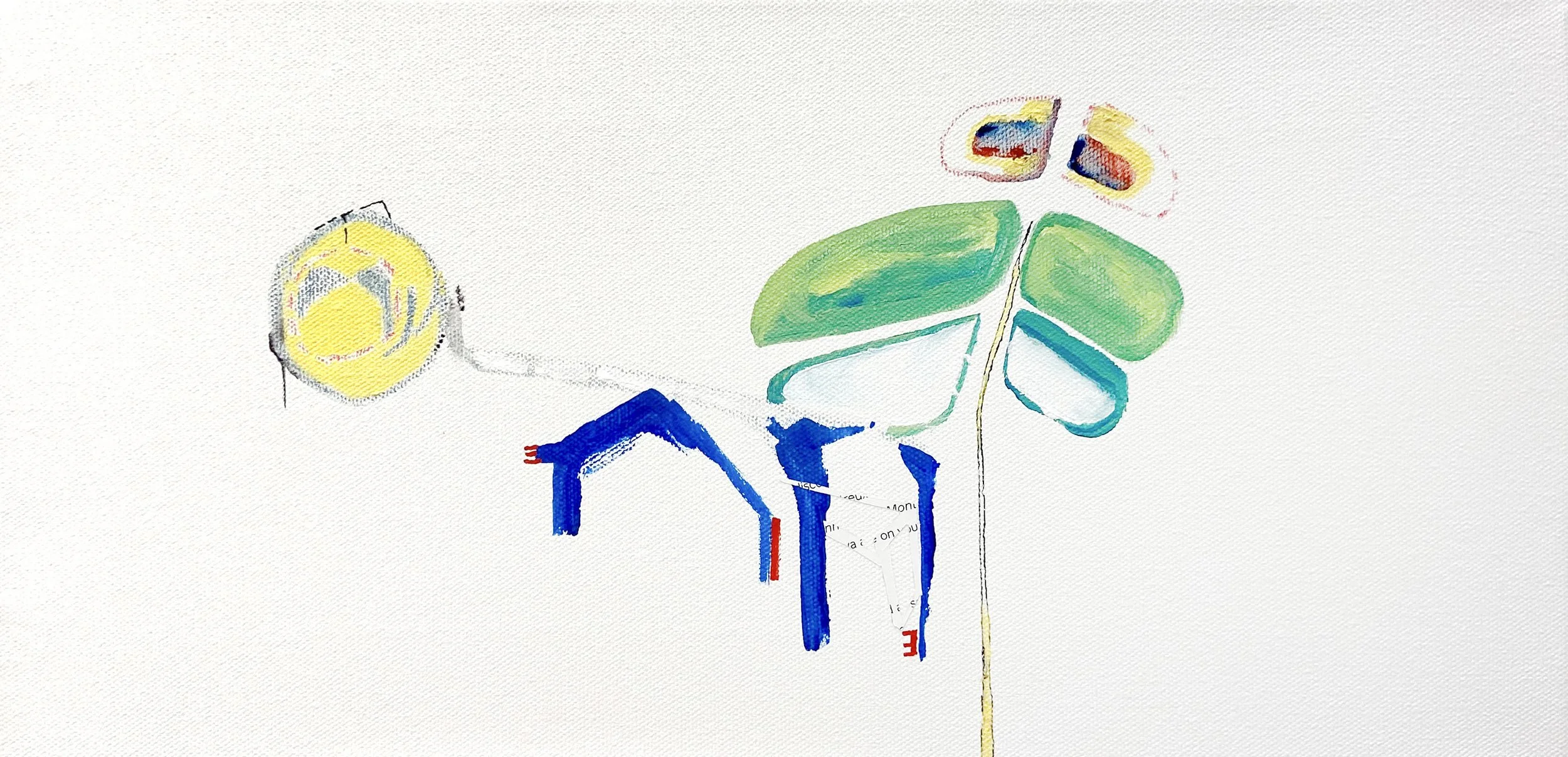 Involuntary Oblique, 2024. Acrylic, colored pencil, ink, and collaged print media on canvas, 9" x 17".