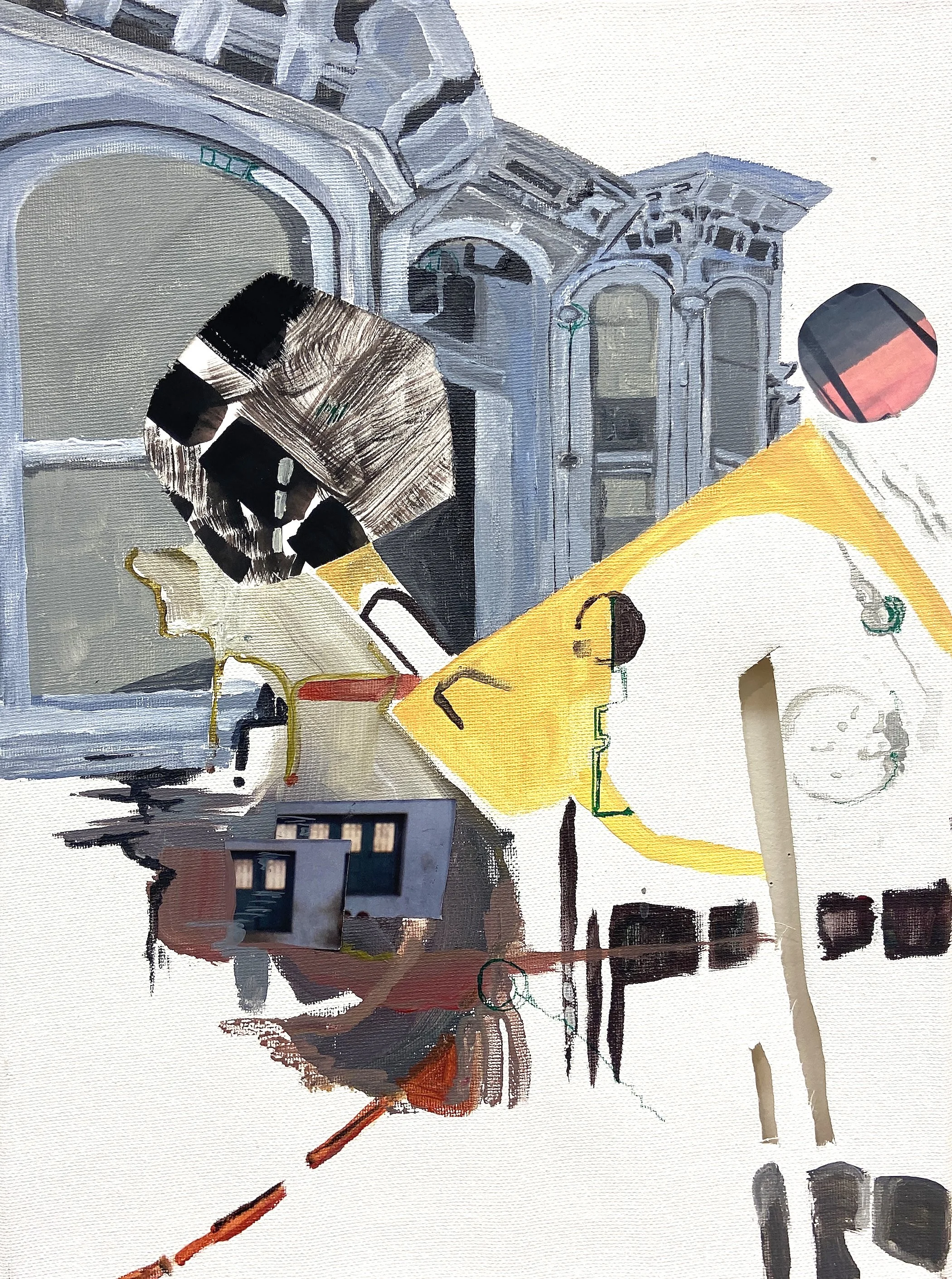 San Francisco, 2024. Acrylic, oil, collaged paper, and ink on canvas, 17" x 13".