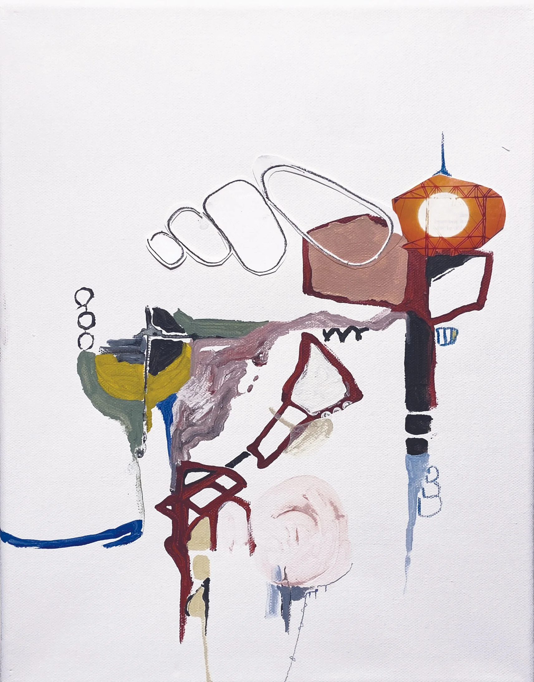 Turns, 2023. Acrylic, colored pencil, ink, collaged lithograph and paper on canvas, 14" x 11". 