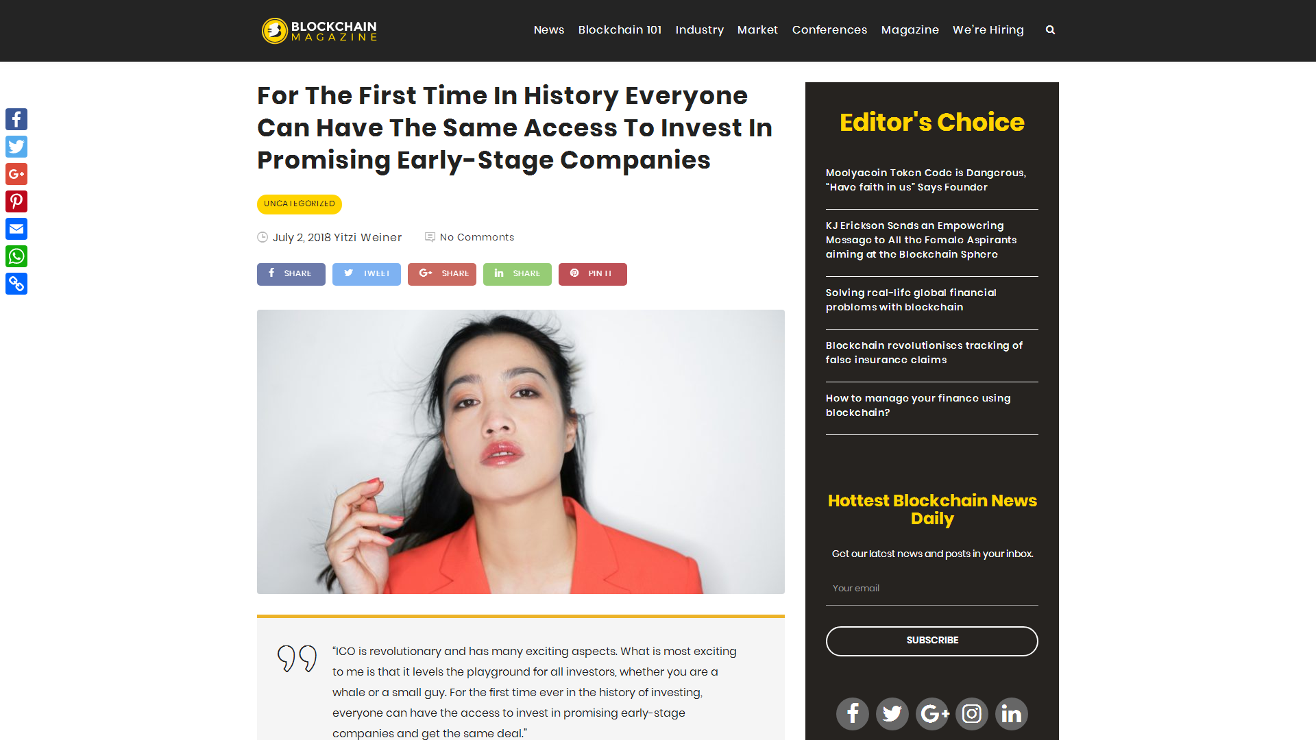 Blockchain Mgazine - For The First Time In History Everyone Can Have The Same Access To Invest In Promising Early-Stage Companies