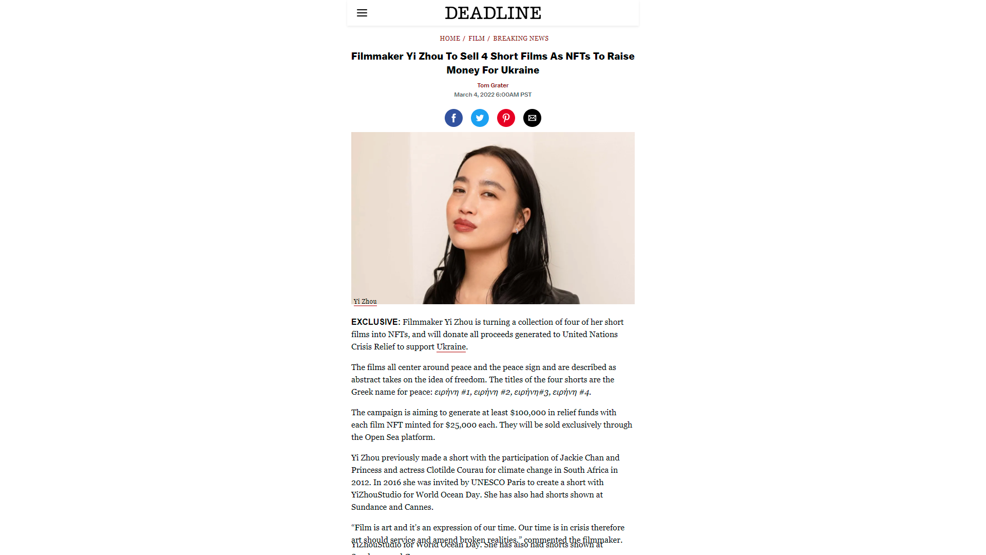 Deadline - Filmmaker Yi Zhou To Sell 4 Short Films As NFTs To Raise Money For Ukraine
