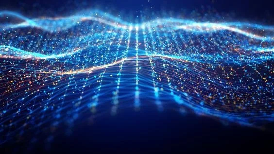 Abstract digital grid glowing with blue light, representing neural connectivity and innovation in brain capital policy.